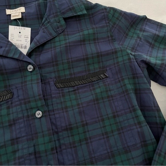 NWT J. Crew Plaid Popover Blouse with Beaded Pockets, Green/Blue/Black, Size XS - Picture 8 of 9